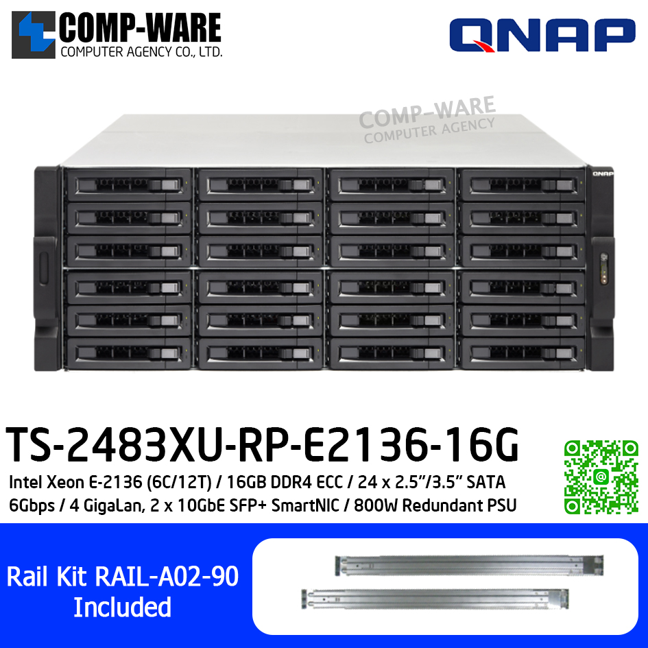 QNAP (4U 24-Bay) TS-2483XU-RP-E2136-16G / Intel Xeon E-2136 (6C/12T) / 16GB DDR4 ECC / 24 x 2.5"/3.5" SATA 6Gbps / 4 GigaLan, 2 x 10GbE SFP+ SmartNIC / 800W Redundant PSU / 3Y Warranty / No HDD / Rail Kit RAIL-A02-90