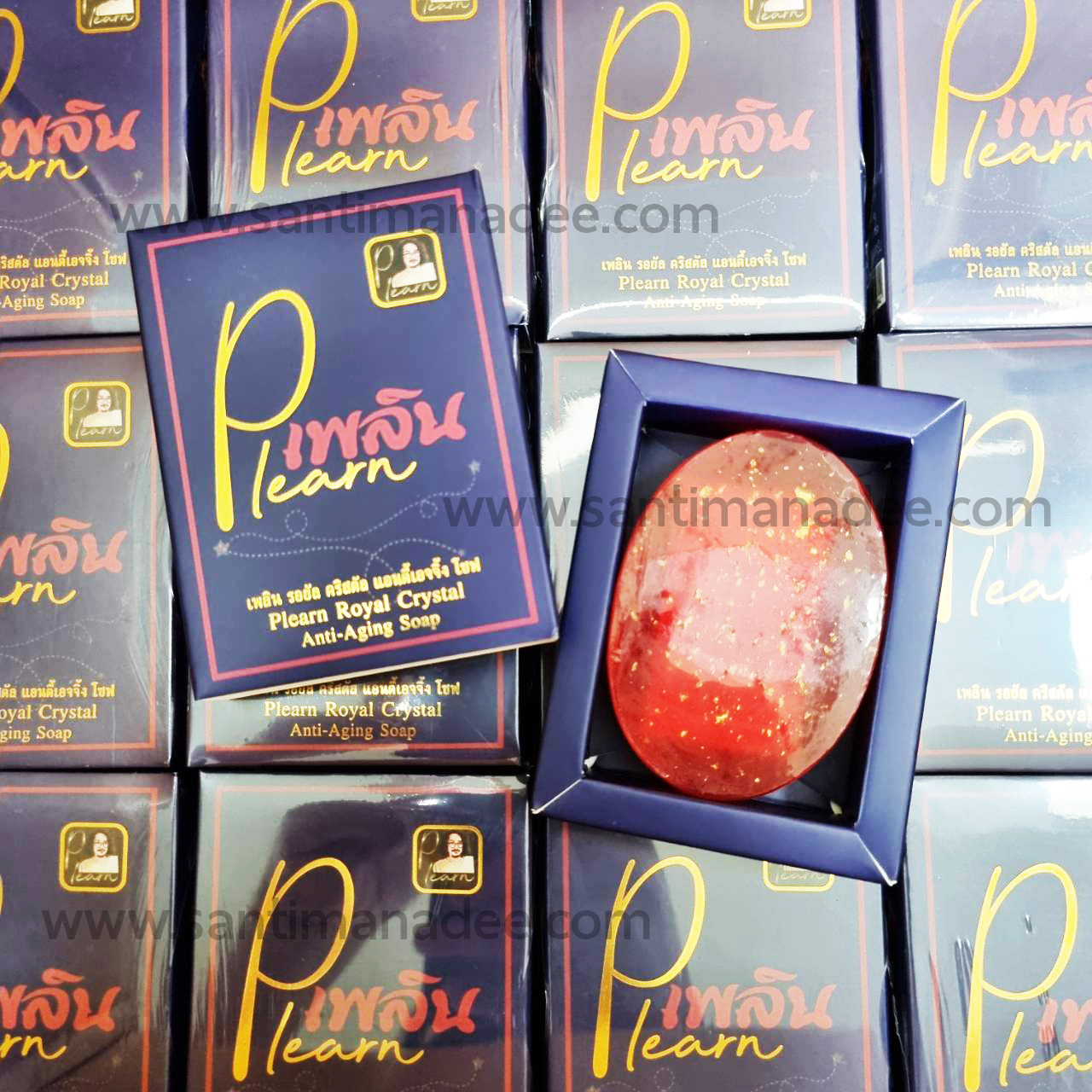 สบู่ป๋า เพลิน สบู่เพลิน Plearn สันติมานะดี santimanedee หมอนอกกะลา Plearn Royal Crystal Anti-Aging Soap สบู่ทับทิมทองคำ