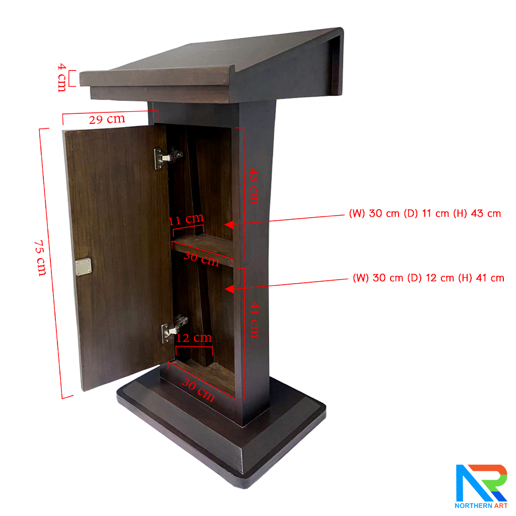 โพเดียมไม้ สีโอ๊ค ทรงโมเดิร์น TOP เอียง ขนาด (W)58 x (L)46 cm. สูง 114 cm. พร้อมตู้ใส่ของ มีกุญแจล็อค