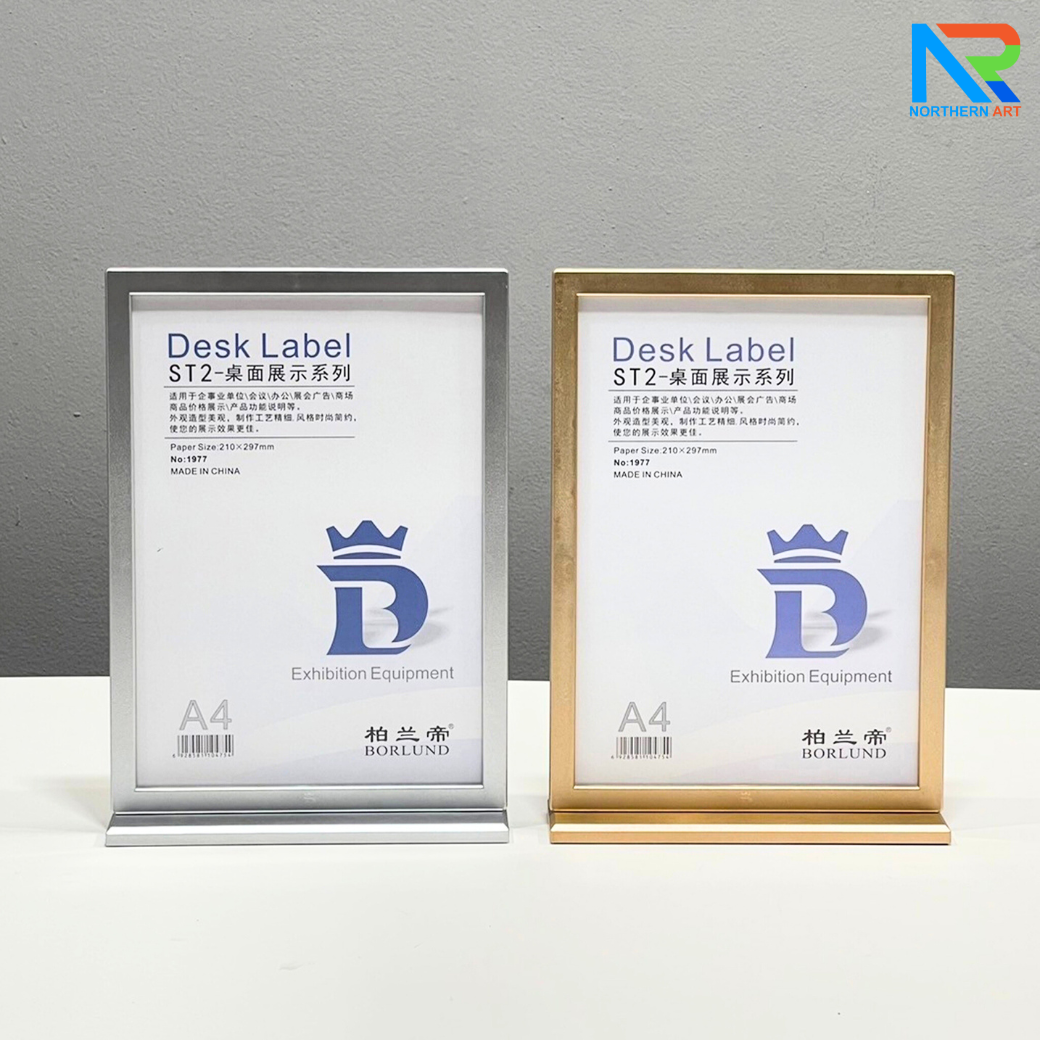 ป้ายตั้งโต๊ะ รุ่น F กรอบเฟรม สีทองและสีเงิน ขนาด A4 ฐานพลาสติก โชว์งานพิมพ์ได้ 2 หน้า ถอดประกอบได้