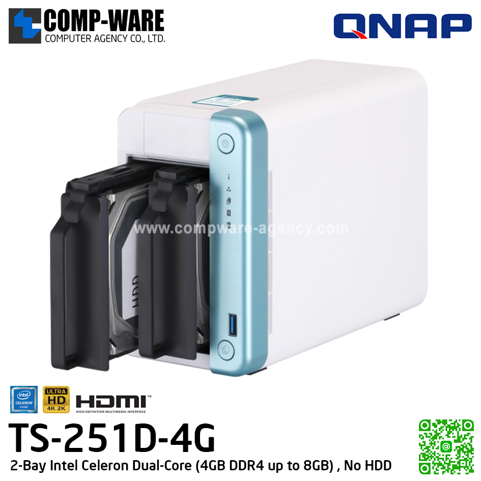QNAP NAS (2-Bay) TS-251D (4GB DDR4 RAM up to 8GB) Intel Celeron J4005 Dual-Core HD Graphics 600, No HDD / TS-251D-4G