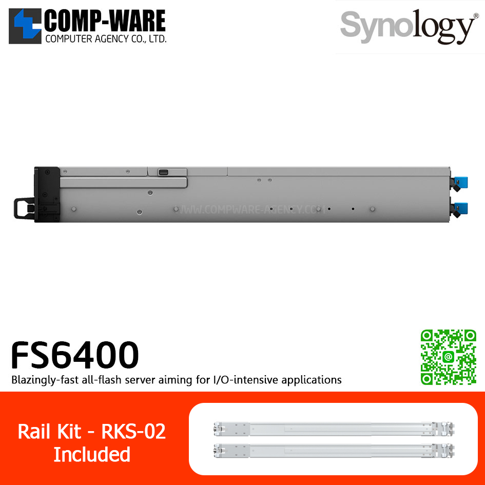 Synology FlashStation (2U 24-Bay 2.5'' SAS/SATA All-flash storage) FS6400 / 2 x Intel Xeon Silver 4110 / 32GB DDR4 RDIMM (Max. 512GB) / 2x1GbE Base T, 2x10GbE Base T / Redundant Power / Rail kit RKS-02 / No HDD / 5Y Warranty