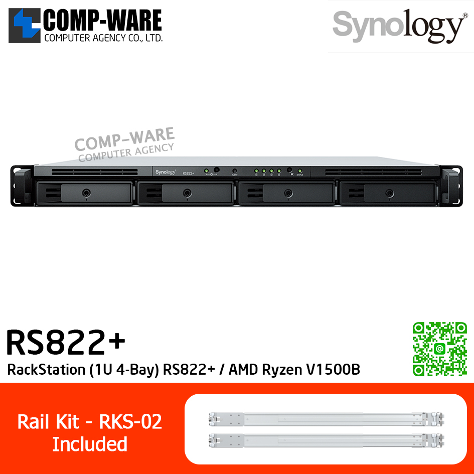Synology RackStation (1U 4-Bay) RS822+ / AMD Ryzen V1500B / 2GB DDR4 ECC SODIMM / 4 x 3.5" SATA HDD or 2.5" SATA SSD / 4 x RJ-45 1GbE / Single PSU 150W / with Rail Kit RKS-02 / No HDD / 3Y Warranty