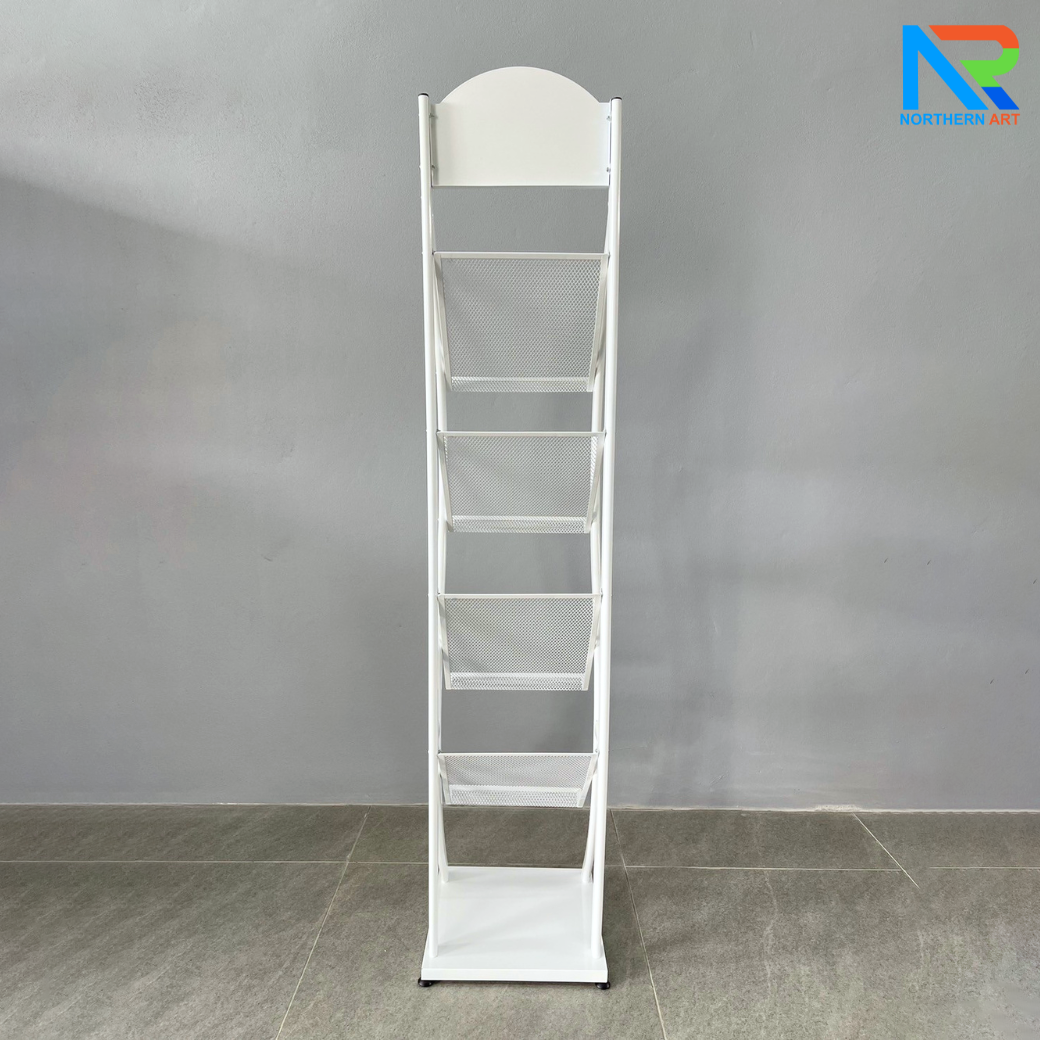 ชั้นวางโบรชัวร์เหล็กA4 สีขาว 4 ชั้น ทรง S ขนาด (W)31.5 X (L)31 X (H)149 cm. ถอดประกอบได้