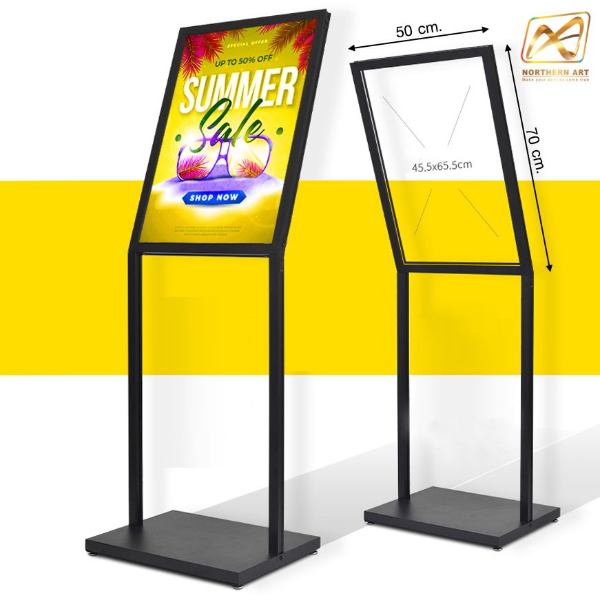 โปสเตอร์สแตนด์สีดำ ขนาด 50x70 cm. สอดงานพิมพ์ด้านบน มุมเอียง โชว์งานพิมพ์ 1 ด้าน ฐานมั่นคงแข็งแรง