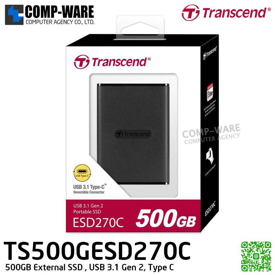 Transcend ESD270C 500GB External SSD , USB 3.1 Gen 2, Type C , TS500GESD270C - 3Y Warranty - Portable SSD