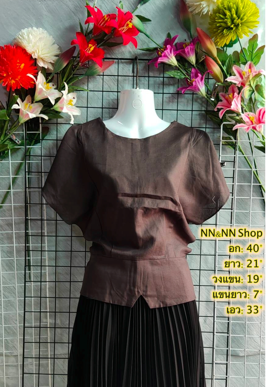 NNandNN Shop 4 0009 เสื้อลินินคอกลมปีกผีเสื้อ สีพื้น 40"