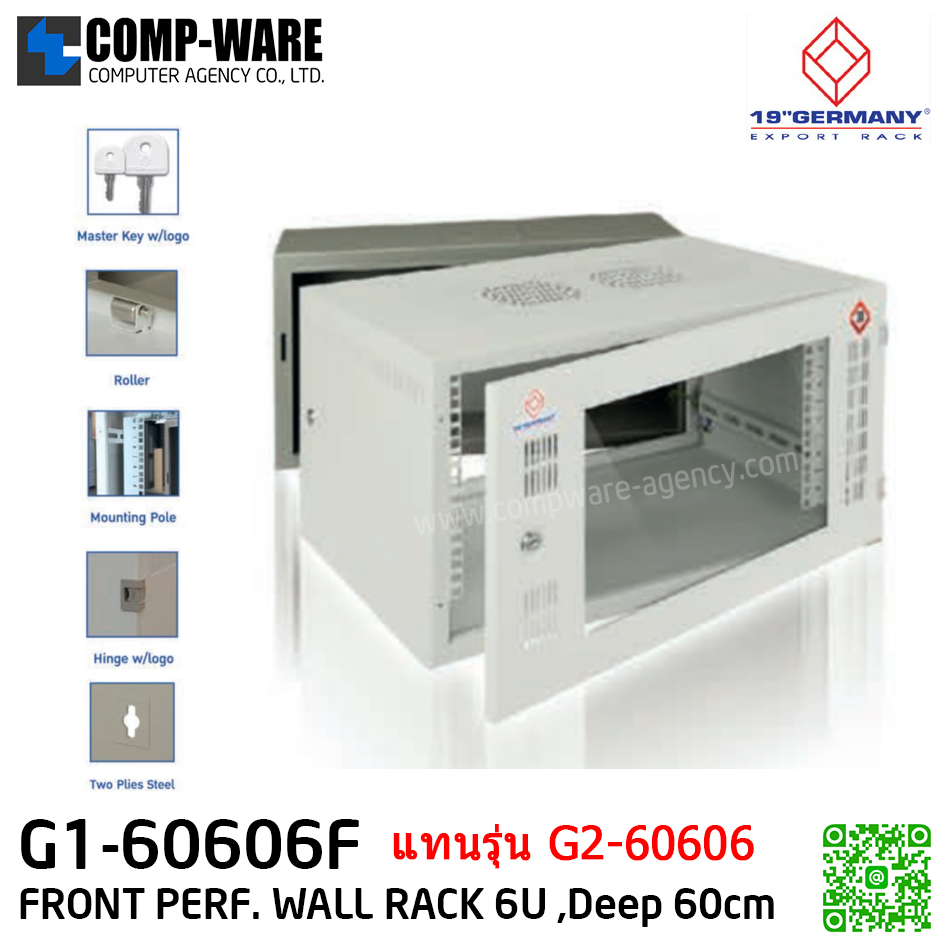 19" GERMAN G1-60606F FRONT PERF. WALL RACK 6U, ลึก 60cm. - เจาะประตูหน้าที่ด้านข้าง Acylic (ขนาด 60cm*60cm*32.0cm) แทนรุ่นG2-60606