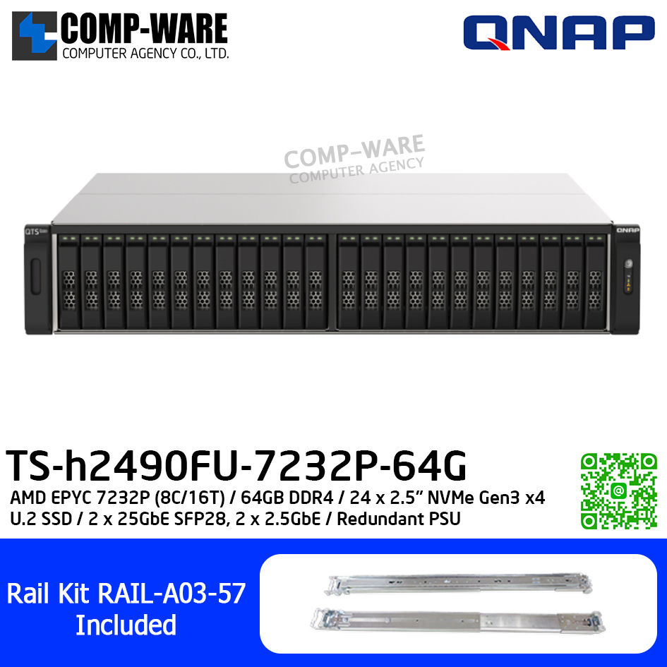 QNAP (2U 24-Bay) TS-h2490FU-7232P-64G / AMD EPYC 7232P (8C/16T) / 64GB DDR4 / 24 x 2.5" NVMe Gen3 x4 U.2 SSD / 2 x 25GbE SFP28, 2 x 2.5GbE / Redundant PSU / 5Y Warranty / No HDD / Rail Kit RAIL-A03-57