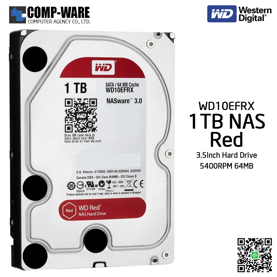 WD Red 1TB NAS Hard Disk Drive - 5400RPM SATA 6Gb/s 64MB Cache 3.5Inch - WD10EFRX // No Warranty สินค้าใหม่ (ค้างสต๊อค) // ประกันร้าน 7 วัน