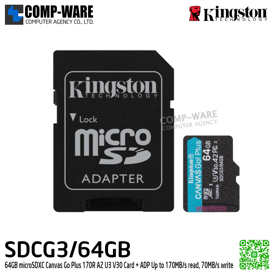 Kingston 64GB microSDXC Canvas Go Plus 170R A2 U3 V30 Card + ADP Up to 170MB/s read, 70MB/s write - SDCG3/64GB - Class 10