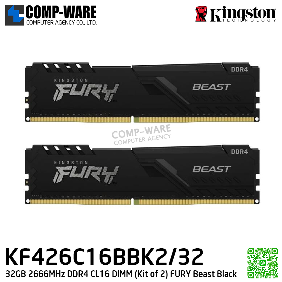 Kingston KF426C16BBK2/32 32GB 2666MHz DDR4 CL16 DIMM (Kit of 2) FURY Beast Black - Lifetime Warranty - Memory Module - RAM