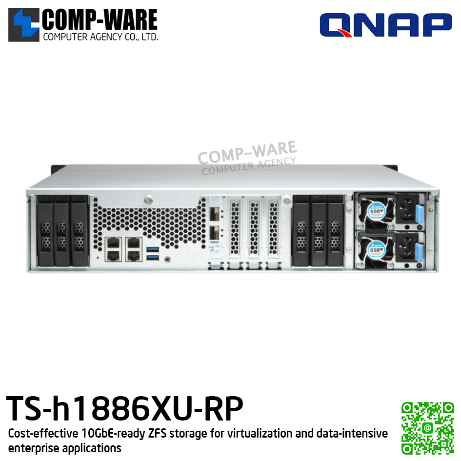 QNAP (2U 12+6Bay) TS-h1886XU-RP-D1622-32G / Intel Xeon D-1622 (4C/8T) / 32GB ECC RDIMM RAM / 12x2.5"/3.5" SATA 6Gbps + 6x2.5" SATA 6Gbps / Redundant PSU / 3Y Warranty , No HDD , No Rail Kit