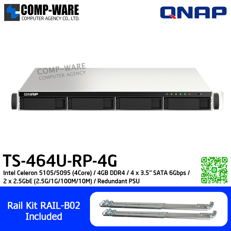 QNAP (1U 4-Bay) TS-464U-RP-4G / Intel Celeron 5105/5095 (4Core) / 4GB DDR4 / 4 x 3.5" SATA 6Gbps / 2 x 2.5GbE (2.5G/1G/100M/10M) / Redundant PSU / 3Y Warranty / No HDD / Rail Kit RAIL-B02