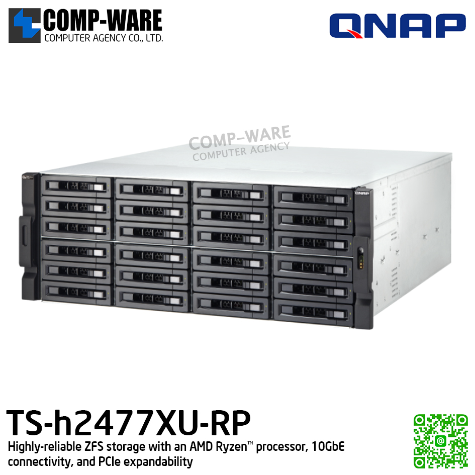 QNAP (4U 24-Bay) TS-h2477XU-RP-3700X-32G / AMD Ryzen 7 3700X (8C/16T) / 32GB (2 x 16 GB) DDR4 UDIMM / 24 x 2.5"/3.5" SATA 6Gbps / 2 x GigaLan, 2 x 10GbE SFP+ / 800W Redundant PSU / 3Y Warranty / No HDD / Rail kit RAIL-A02-90