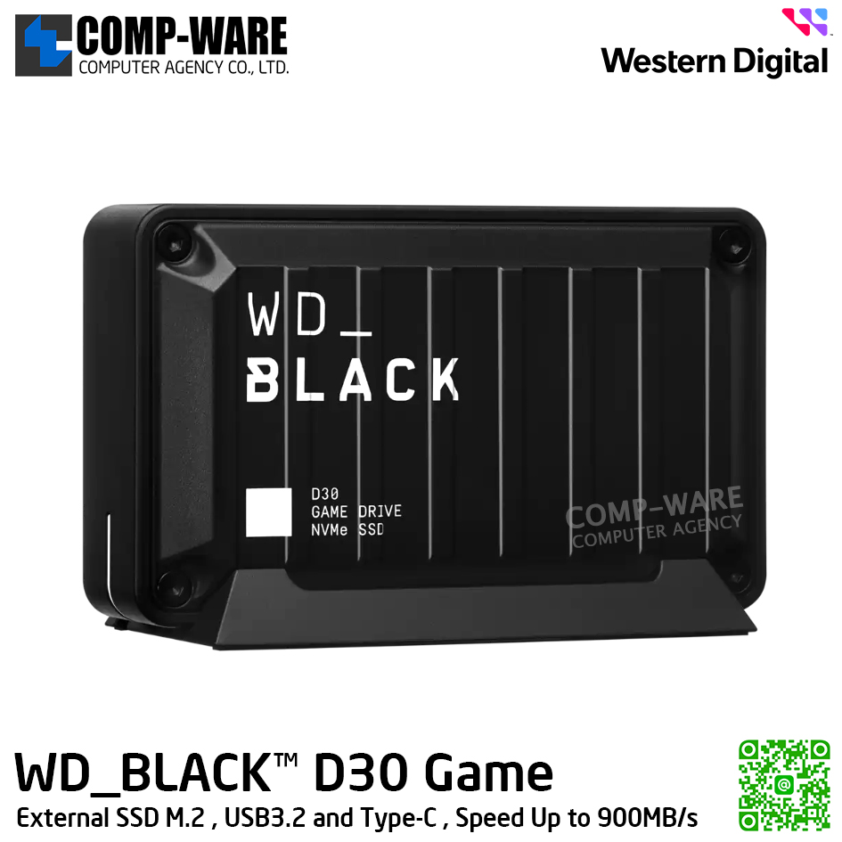 WD Black D30 Game Drive SSD 2TB , External SSD M.2 , USB3.2 and Type-C , Speed Up to 900MB/s (Black) WDBATL0020BBK-WESN รับประกัน 3 ปี