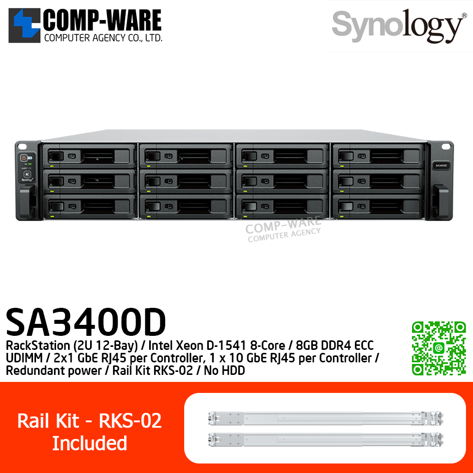 Synology RackStation (2U 12-Bay) SA3400D / Intel Xeon D-1541 8-Core / 8GB DDR4 ECC UDIMM / 2x1 GbE RJ45 per Controller, 1 x 10 GbE RJ45 per Controller / Redundant power / Rail Kit RKS-02 / No HDD / 5Y Warranty