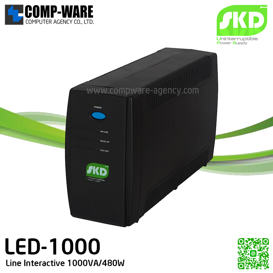 SKD UPS LED-1000 1000VA/480W, Batt 12V8Ah*1, Hot-swap Battery, Backup time 15-30min, Line Interactive รับประกัน 2ปี