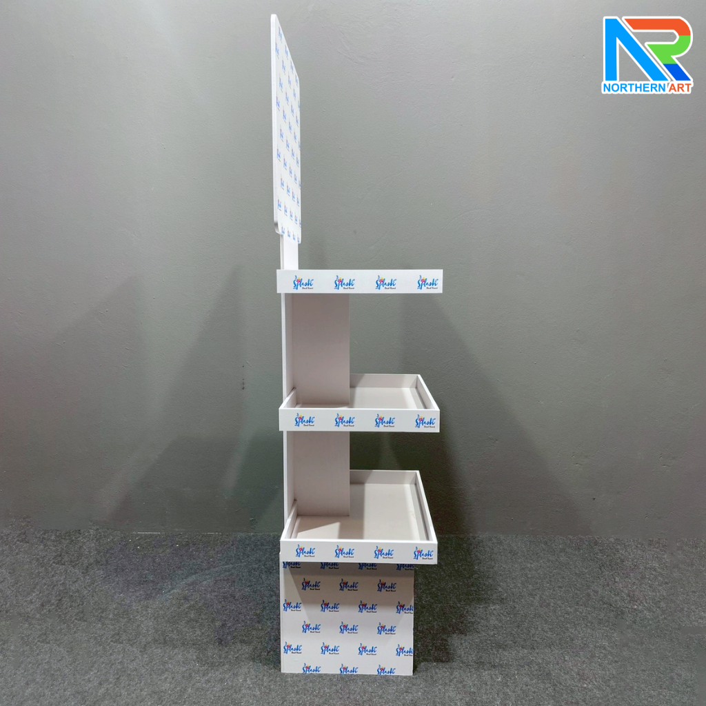 ชั้นวางสินค้าพลาสวูด 3 ชั้น ขนาด (W)40 x (D)31.6 x (H)150 ซม. พลาสวูดหนา 8 มม.พร้อมงานพิมพ์สติ๊กเกอร์