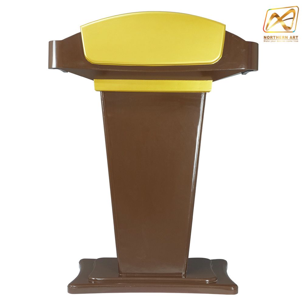 โพเดียมไม้สีโอ๊คและสีทอง รุ่น PD-07 ขนาดTOP 90 x 47 ซม.สูง 120 ซม. พร้อมชั้นวางของ