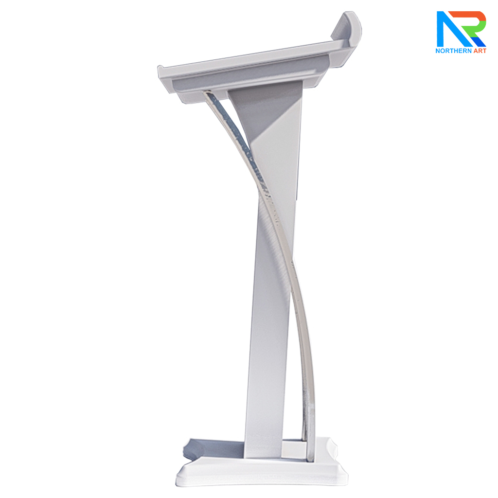 โพเดียมไม้ สีขาว ตกแต่งสแตนเลสเกรด304 ขนาด (W) 55 x (L) 50 x (H) 120 cm.