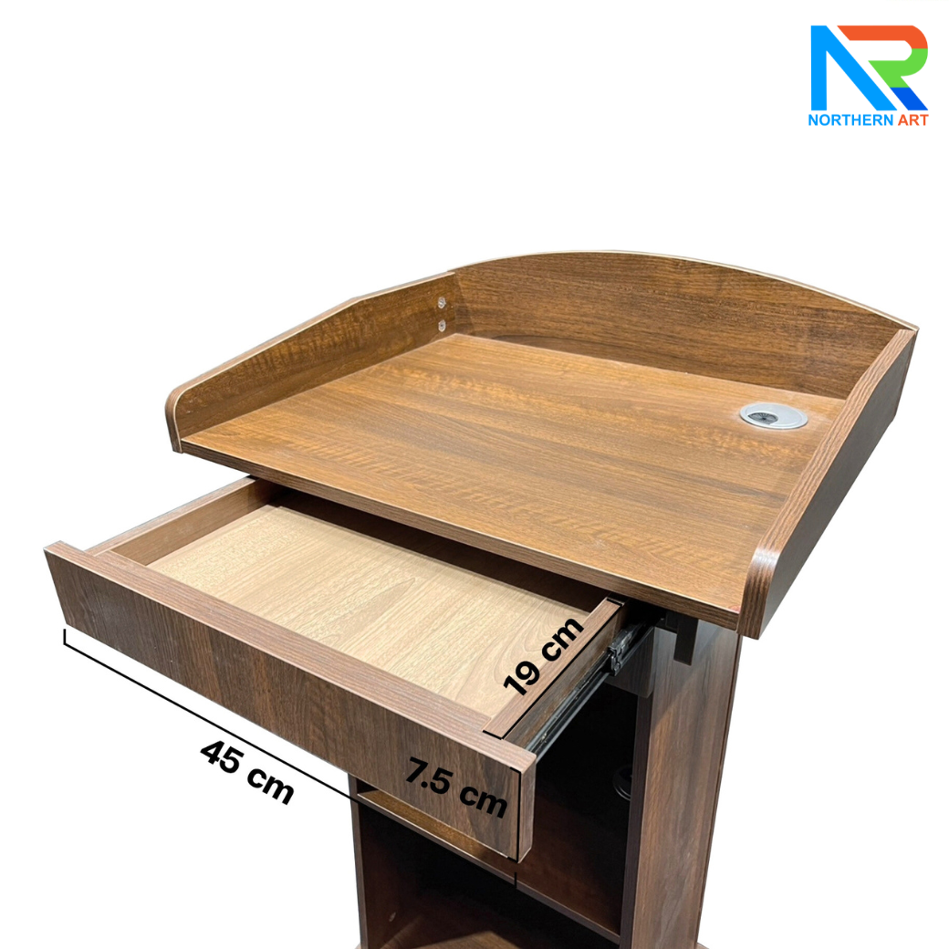 โพเดียมไม้ ลายไม้สีสัก ขนาด (W)60 x (D)50 x (H)110 cm. พร้อมชั้นวางของ