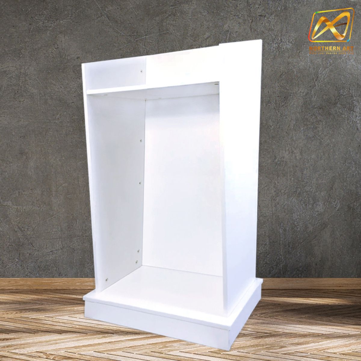 เช่าโพเดียมไม้ แท่นบรรยาย สีขาว ทรงโมเดิร์น ขนาด 60x36x109 cm.