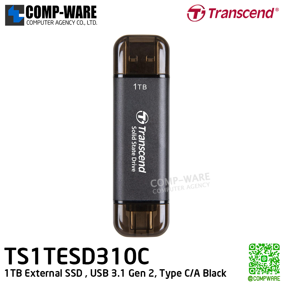 Transcend ESD310C 1TB External SSD , USB 3.1 Gen 2, Type C/A Black , TS1TESD310C - 5Y Warranty - Portable SSD