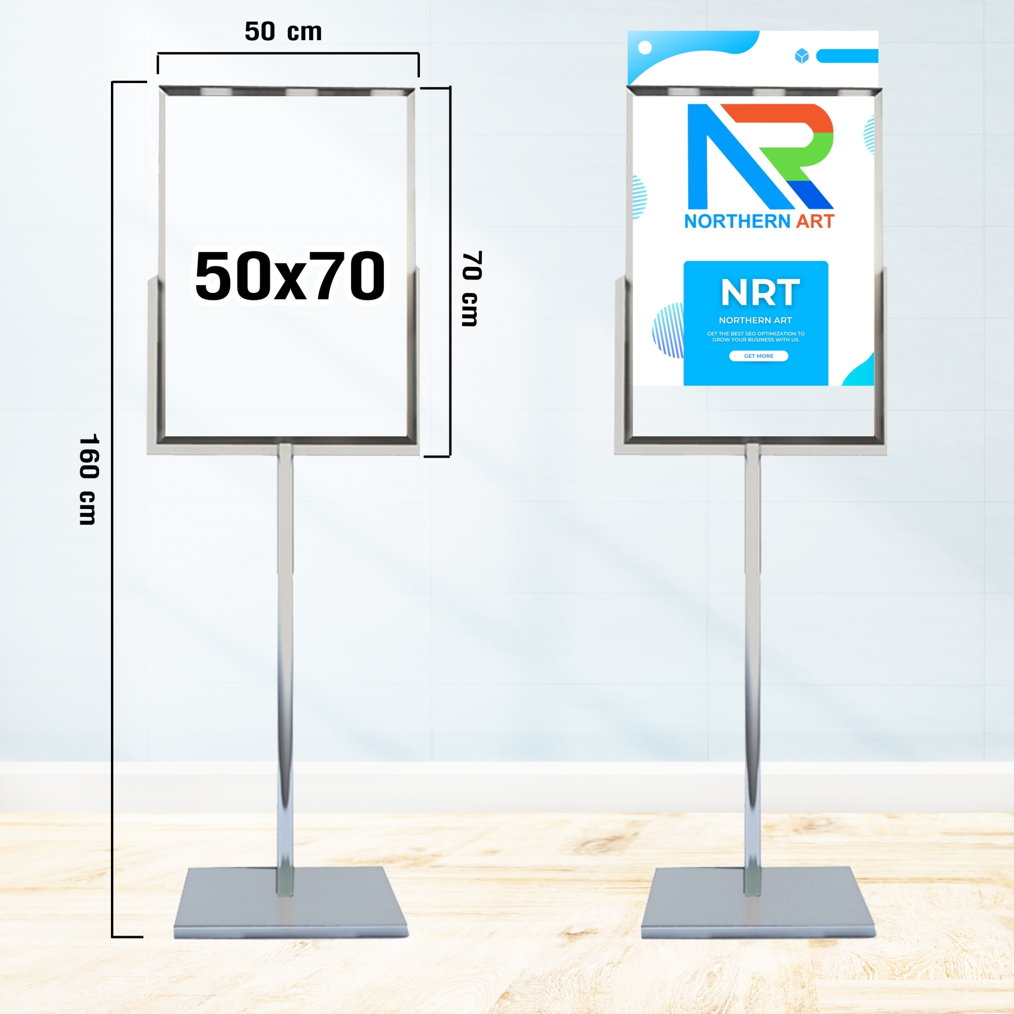 โปสเตอร์สแตนด์ สแตนเลส เสาเดี่ยว ฐานเหลี่ยม ขนาด (W)50 x (L)70 x (H)160 cm. สแตนเลสเกรด304 โชว์งานพิมพ์ 2 ด้าน