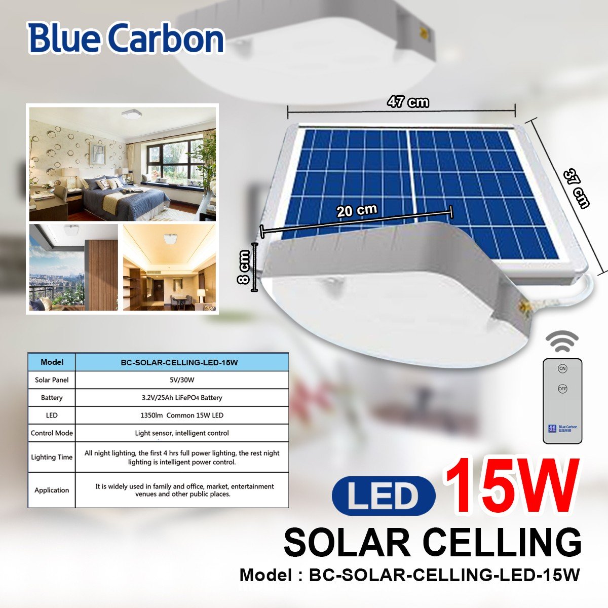 โคมไฟติดเพดาน โซล่าเซลล์ BC-SOLAR-CELLING-LED-15W