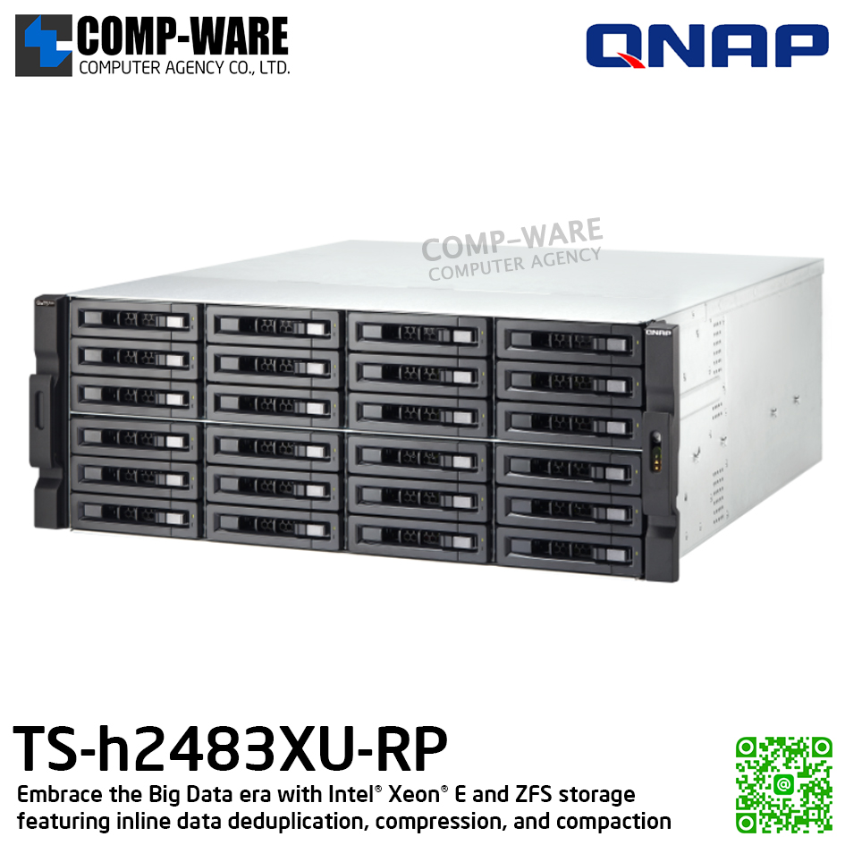 QNAP (4U 24-Bay) TS-h2483XU-RP-E2236-128G / Intel Xeon E-2236 (6C/12T) / 128GB DDR4 ECC / 24 x 2.5"/3.5" SATA 6Gbps / 4 x 1GbE RJ45, 2 x 10GbE SFP+ SmartNIC, 2 x 10GBASE-T, 40GbE/25GbE/FC / Redundant PSU / 3Y Warranty / No HDD / RAIL-A02-90