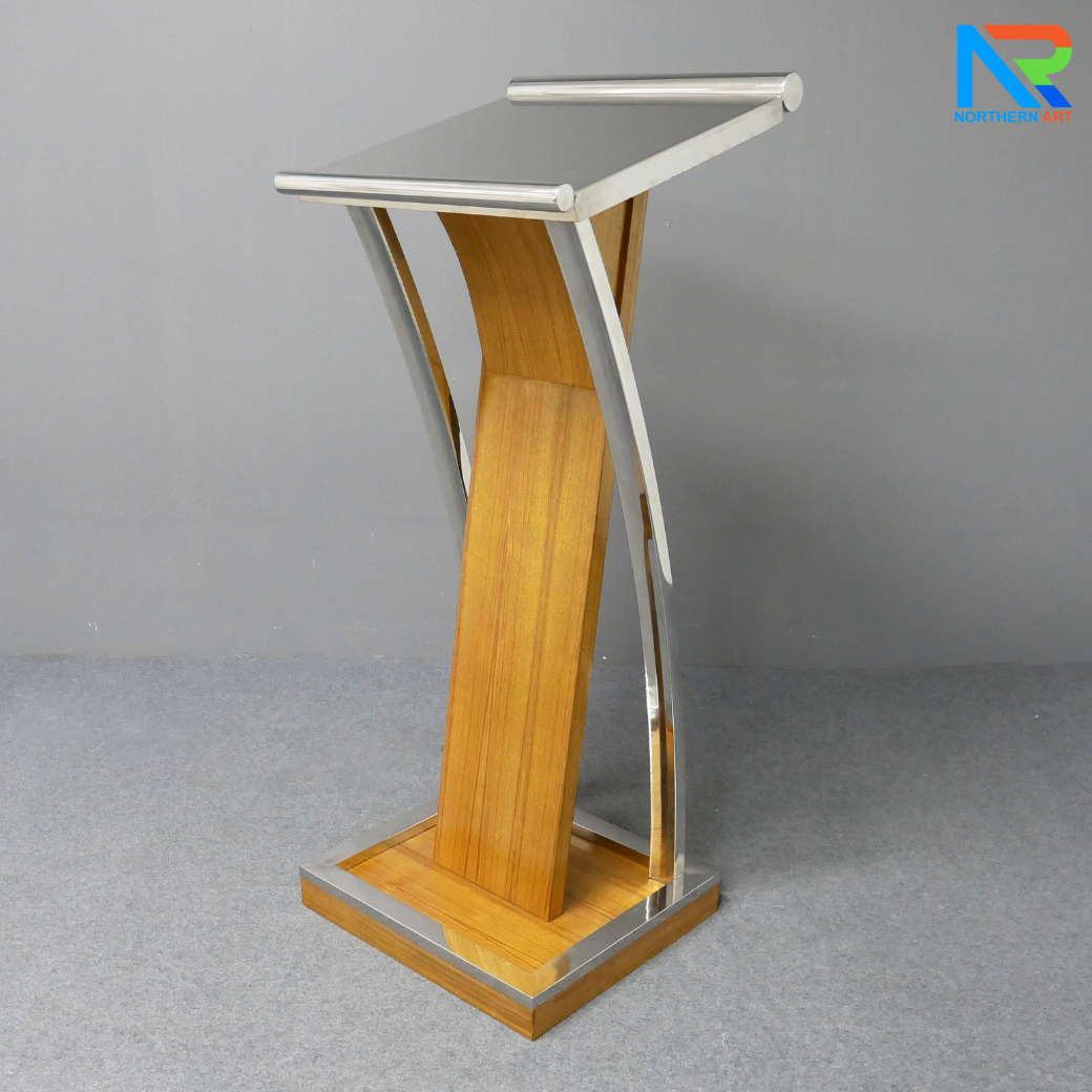 โพเดียมไม้จริง สีสัก PD-01 ขนาด (W)48 x (L)51 x (H)120 cm Top หุ้มสแตนเลส เกรด 304 แข็งแรงทนทาน พร้อมจัดส่งทั่วไทย