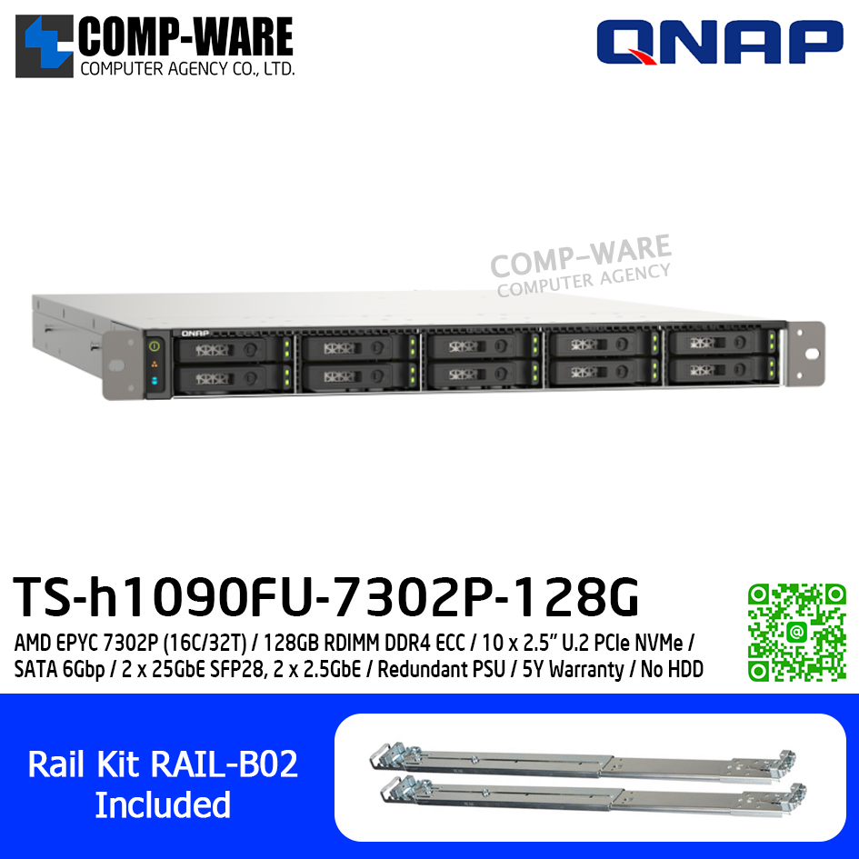 QNAP (1U 10-Bay) TS-h1090FU-7302P-128G / AMD EPYC 7302P (16C/32T) / 128GB RDIMM DDR4 ECC / 10 x 2.5" U.2 PCIe NVMe / SATA 6Gbp / 2 x 25GbE SFP28, 2 x 2.5GbE / Redundant PSU / 5Y Warranty / No HDD / Rail Kit RAIL-B02
