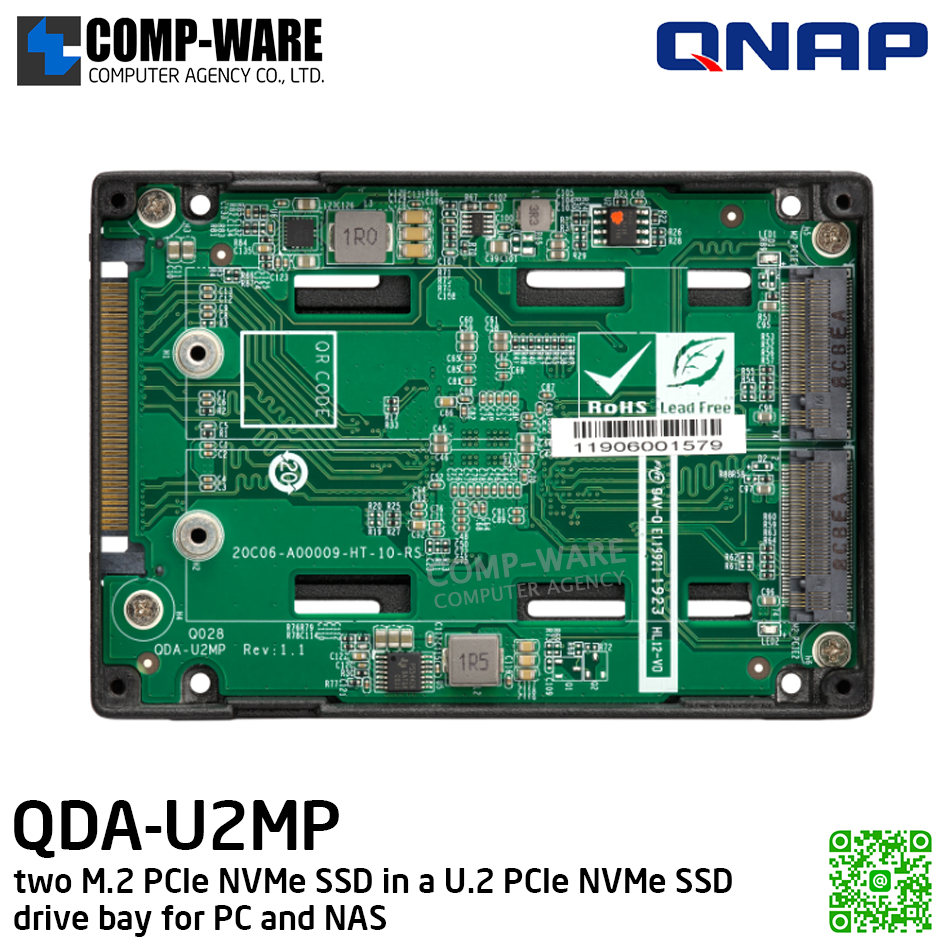 QNAP QDA-U2MP Use two M.2 PCIe NVMe SSD in a U.2 PCIe NVMe SSD drive bay for PC and NAS - Spare Part - 1Y Warranty