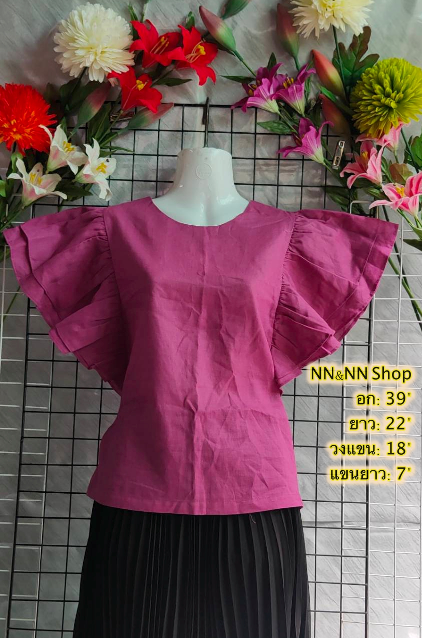 NNandNN Shop 4 0003 เสื้อผ้าลินินคอกลม ติดกระดุมหลัง สีพื้น 39"