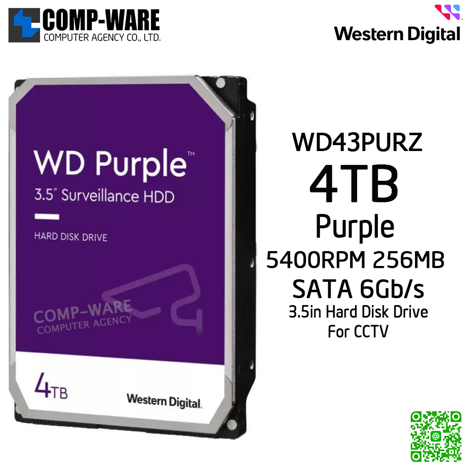 WD Purple 4TB AV Surveillance Hard Disk Drive - 5400RPM SATA 6Gb/s 256MB Cache 3.5 Inch - WD43PURZ - 3Y Warranty