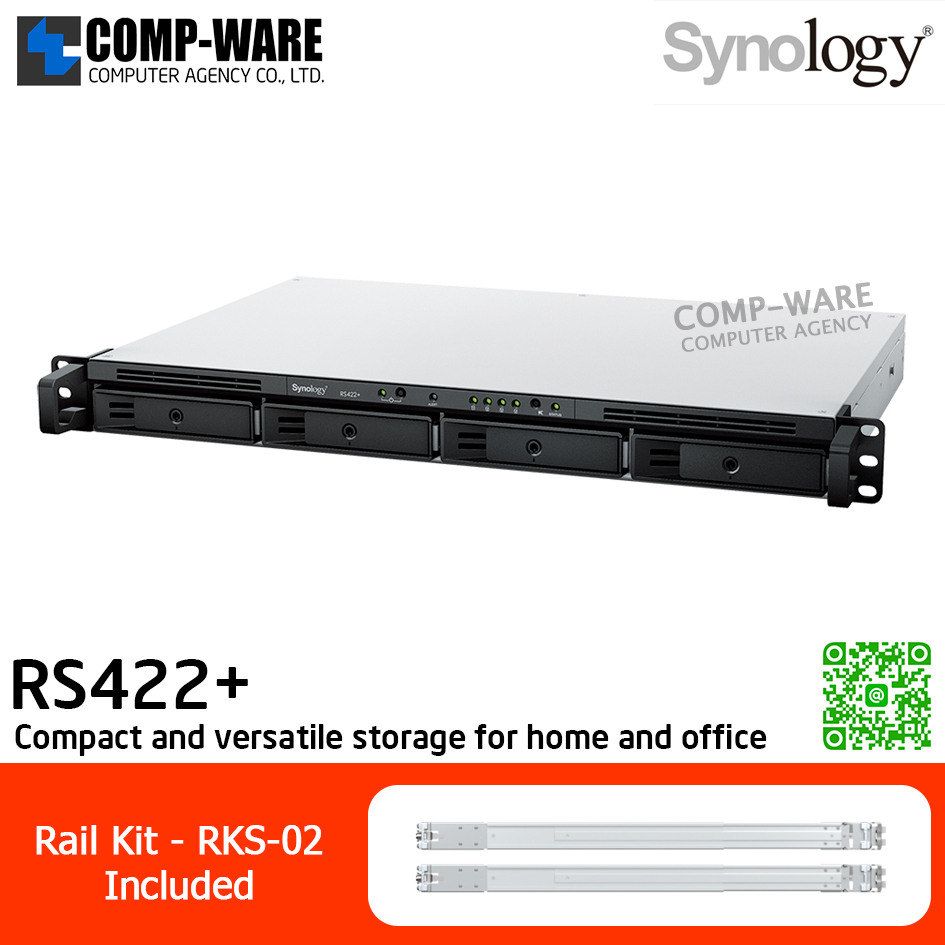 Synology RackStation (1U 4-Bay) RS422+ / AMD Ryzen R1600 / 2 GB DDR4 ECC / 4 x 3.5" SATA HDD or 2.5" SATA SSD / 2 x RJ-45 1GbE / Single PSU 100W / with Rail Kit RKS-02 / No HDD / 3Y Warranty