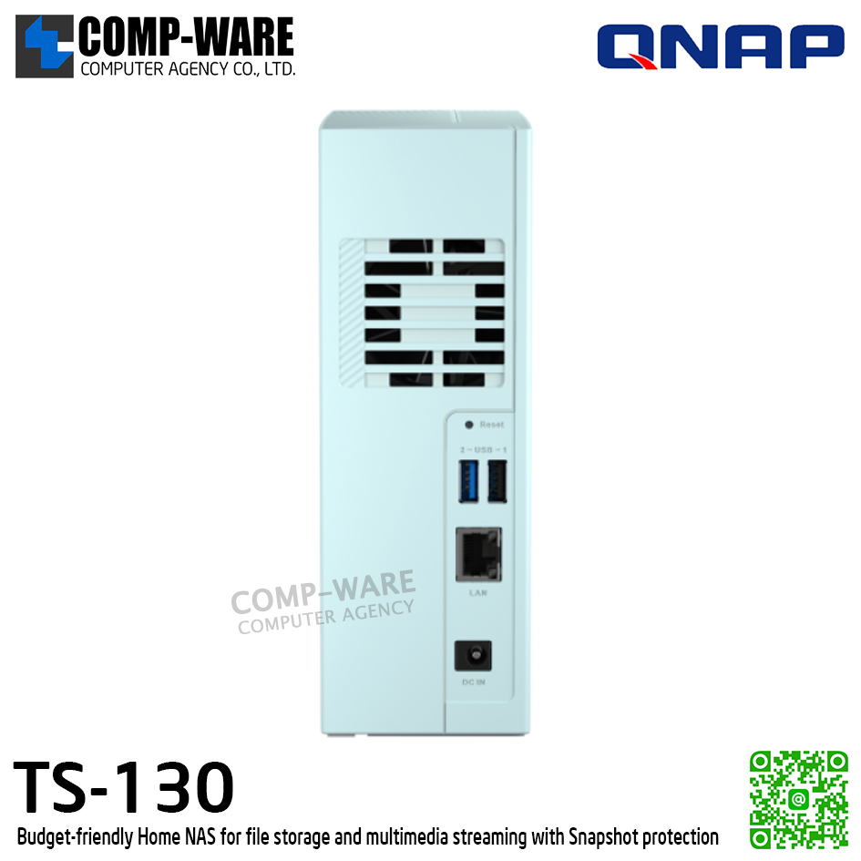 QNAP (Tower 1-Bay) TS-130 / ARM 1.4GHz (4Core) / 1 GB DDR4 / 1 x 2.5" & 3.5" SATA 6Gb/s / 1 x GbE / Adapter Power / 2Y Warranty / No HDD
