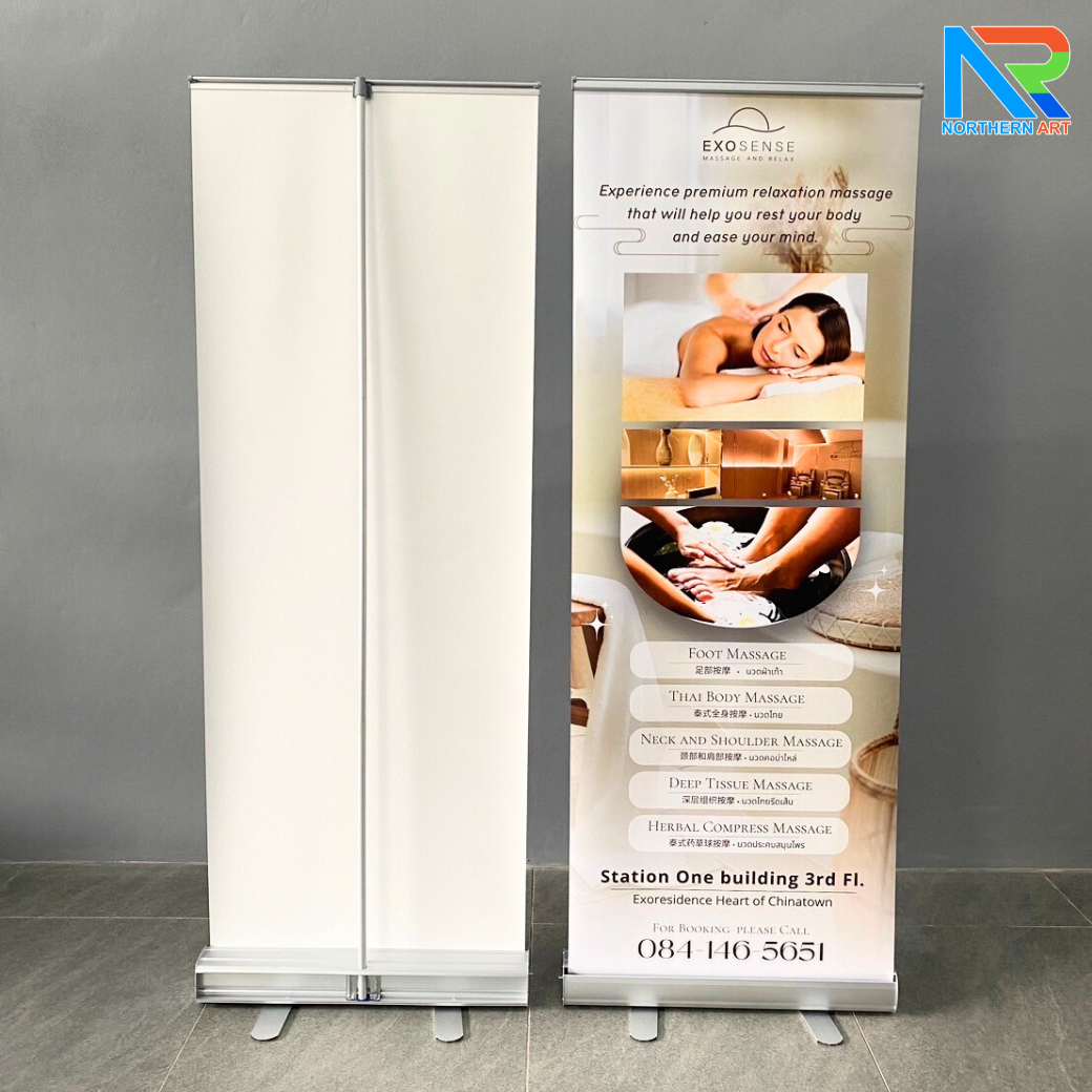 ROLL UP GRADE A โรลอัพ ขนาด 60x160 ซม. โครงสร้างอะลูมิเนียมทั้งชุด แข็งแรง ทนทาน ม้วนเก็บได้ พกพาสะดวก