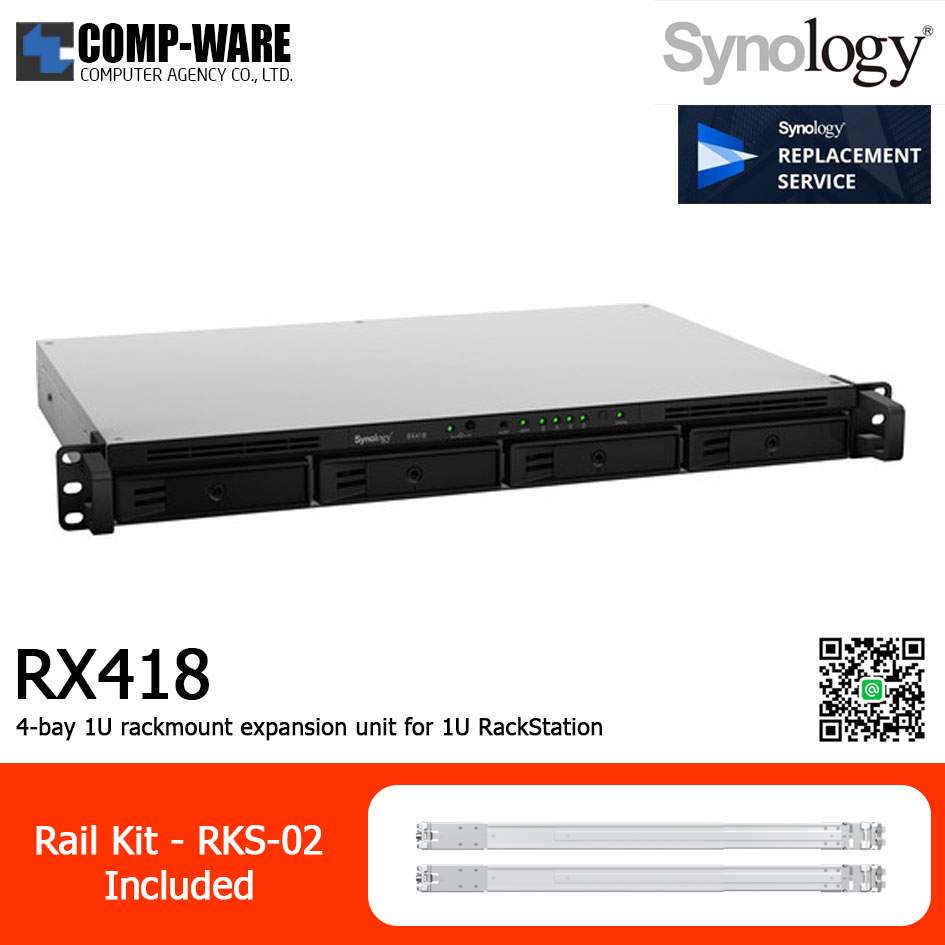 Synology Expansion Unit (1U 4-Bay) RX418 / Rail Kit RKS-02 / No HDD / 3 Year Warranty
