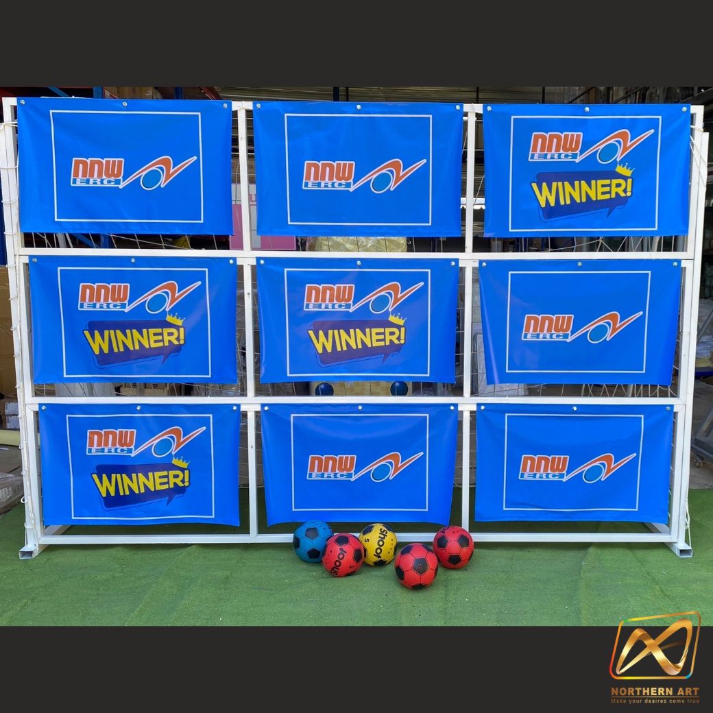 เข่าเกมส์ฟุตบอล เกมส์เตะบอล เกมส์FOOTBALL ขนาด (W)3 x (H)2 ม.โครงเหล็กสีขาว ถอดประกอบได้ พร้อมป้าย9 ช่อง