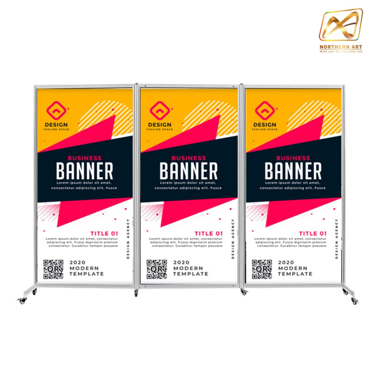 บอร์ดจัดนิทรรศการ แบบตั้งตรงต่อเนื่อง 3 บาน พร้อมล้อ และชุดค้ำยัน โครงอะลูมิเนียม ถอดประกอบได้ เคลื่อนย้ายสะดวก