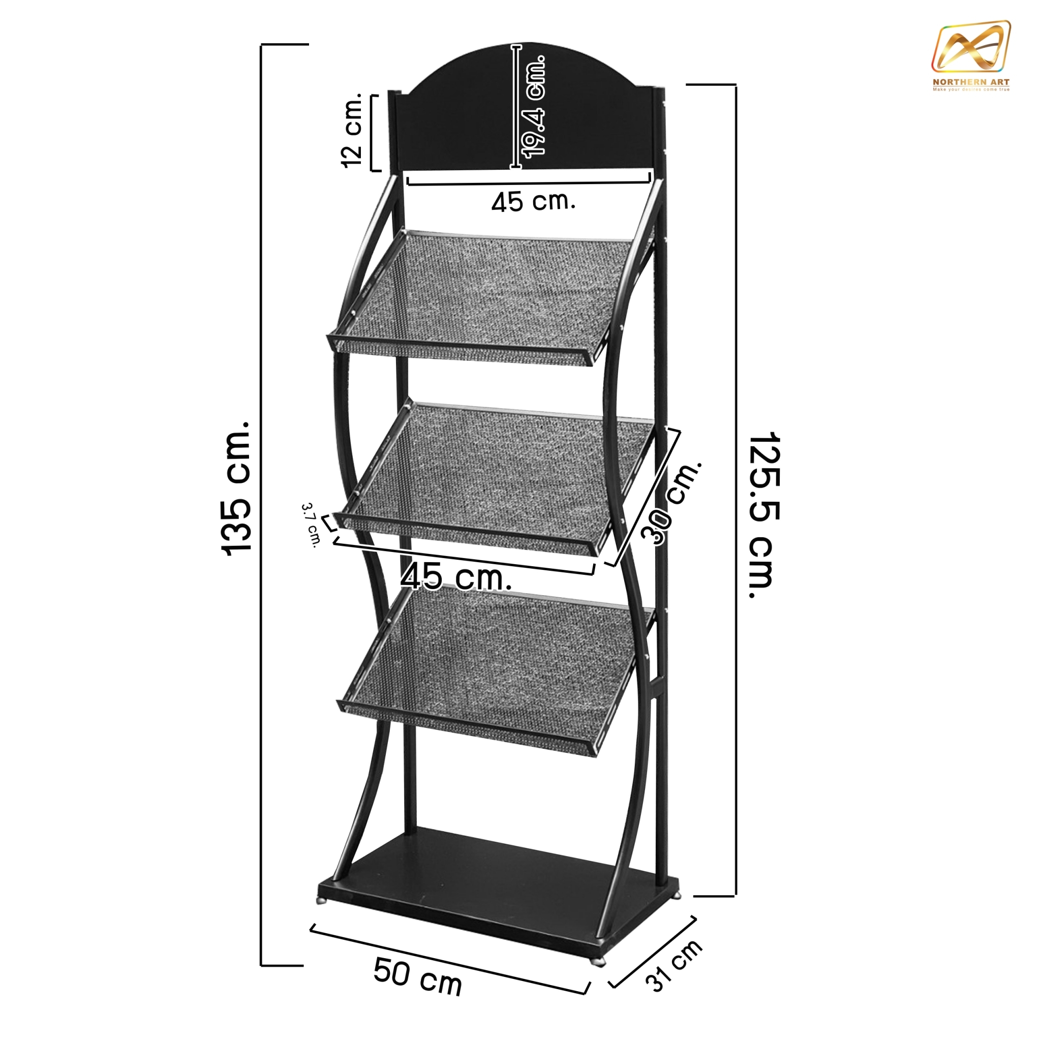ชั้นวางโบรชัวร์เหล็ก 3 ชั้น สีดำ ขนาด (W)50 X (D)31 X (H)135 cm. ถอดประกอบได้