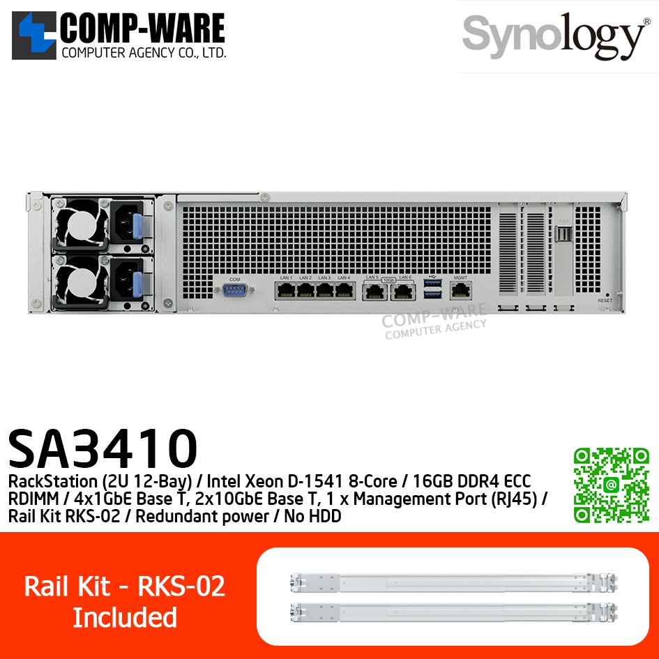 Synology RackStation (2U 12-Bay) SA3410 / Intel Xeon D-1541 8-Core / 16GB DDR4 ECC RDIMM / 4x1GbE Base T, 2x10GbE Base T, 1 x Management Port (RJ45) / Rail Kit RKS-02 / Redundant power / No HDD / 5Y Warranty