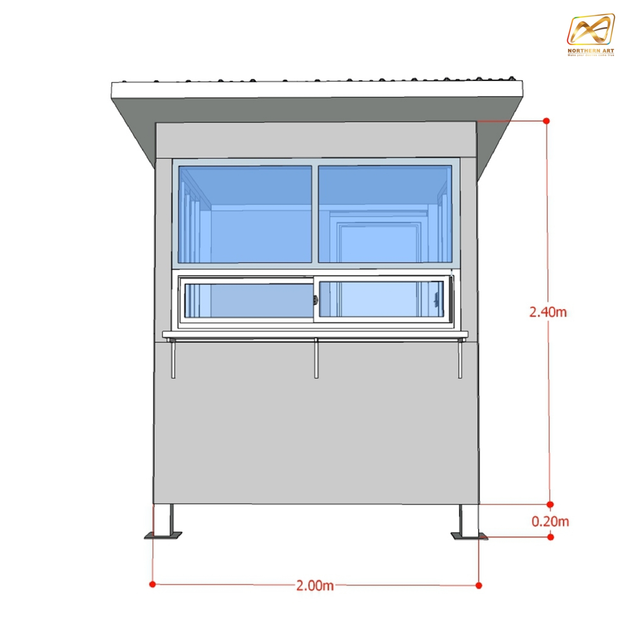 ป้อมยามสำเร็จรูป หุ้มเสา ขนาด (W)2.00 x (L)2.00 x (H)2.60 ม. โครงเหล็ก กรุแผ่นสมาร์ทบอร์ด บานหน้าต่างอลูมิเนียม