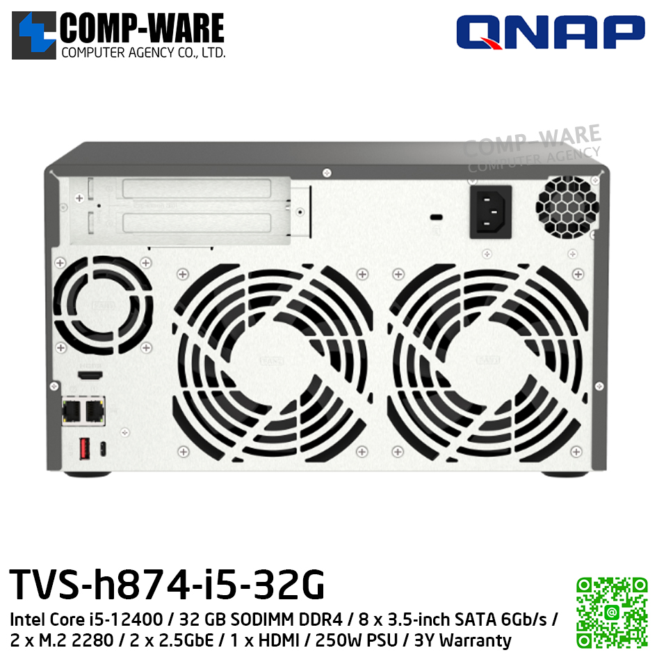 QNAP (Tower 8-Bay) TVS-h874-i5-32G / Intel Core i5-12400 / 32 GB SODIMM DDR4 / 8 x 3.5-inch SATA 6Gb/s / 2 x M.2 2280 / 2 x 2.5GbE / 1 x HDMI / 250W PSU / 3Y Warranty / No HDD