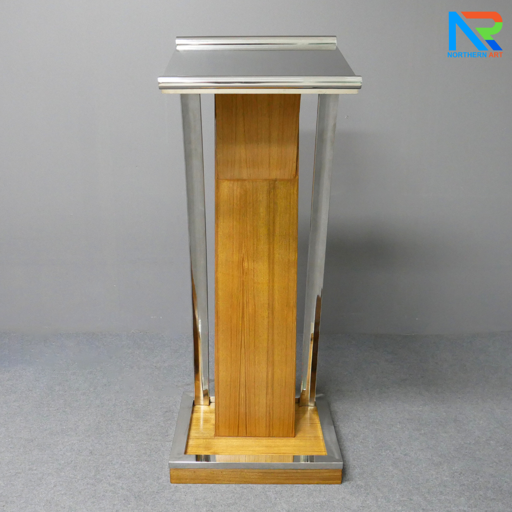 โพเดียมไม้จริง สีสัก PD-01 ขนาด (W)48 x (L)51 x (H)120 cm Top หุ้มสแตนเลส เกรด 304 แข็งแรงทนทาน พร้อมจัดส่งทั่วไทย