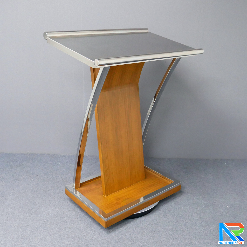 โพเดียมไม้ ยืนคู่ สีสัก ขนาด (W) 90x (L) 59 x (H) 120 cm.Topและฐาน หุ้มสแตนเลสเกรด304