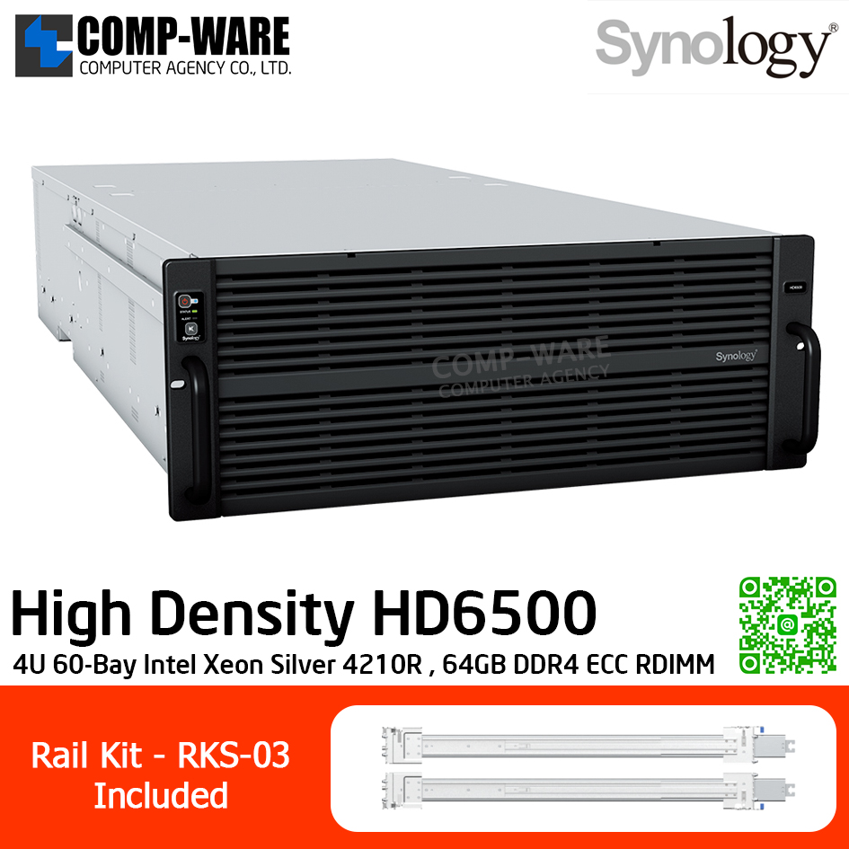 Synology High Density (4U 60-Bay) HD6500 / Intel Xeon Silver 4210R / 64GB DDR4 ECC RDIMM / 60 x 3.5" SAS HDD or 2.5" SATA SSD / 2 x RJ-45 1GbE , 2 x RJ-45 10GbE / Redundant PSU / Rail Kit RKS-03 / No HDD / 5Y Warranty
