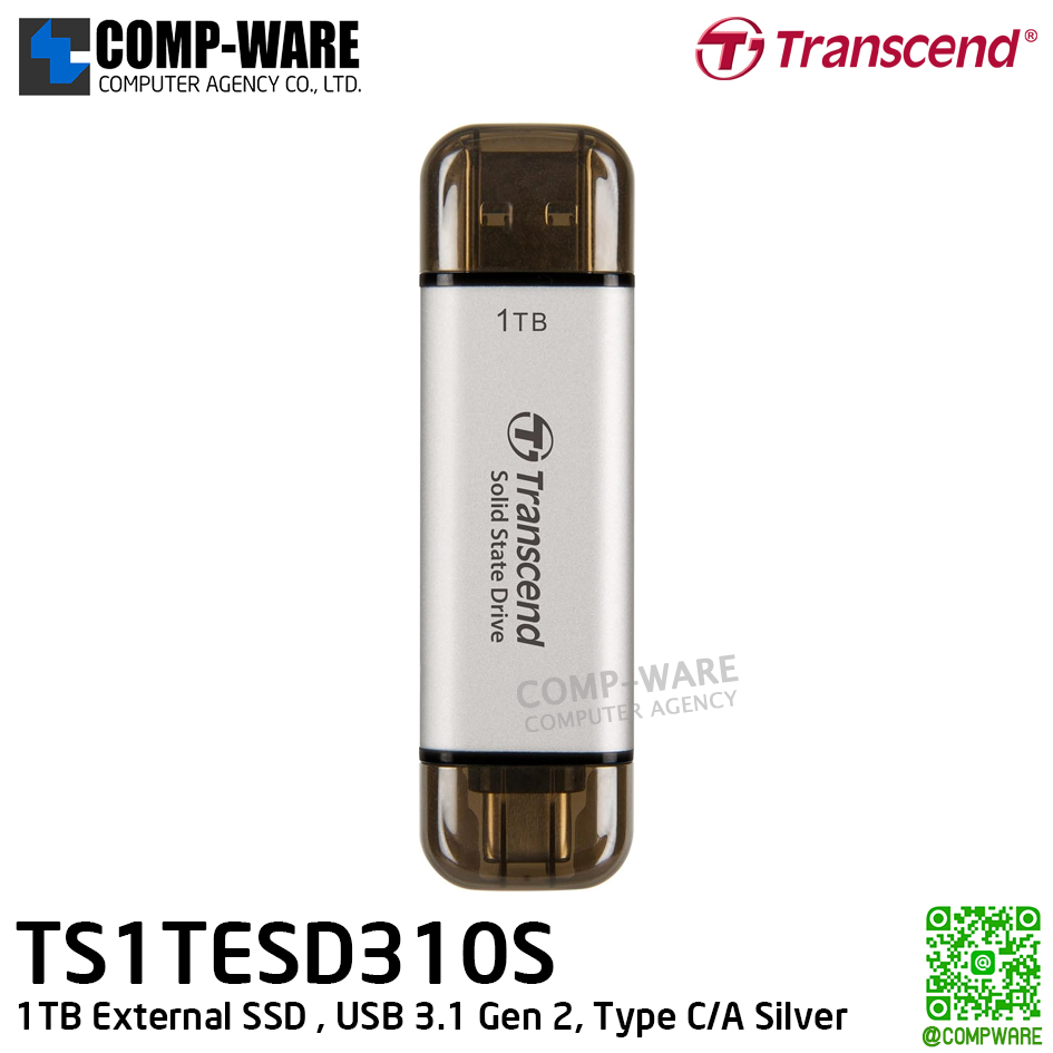 Transcend ESD310C 1TB External SSD , USB 3.1 Gen 2, Type C/A Silver , TS1TESD310S - 5Y Warranty - Portable SSD